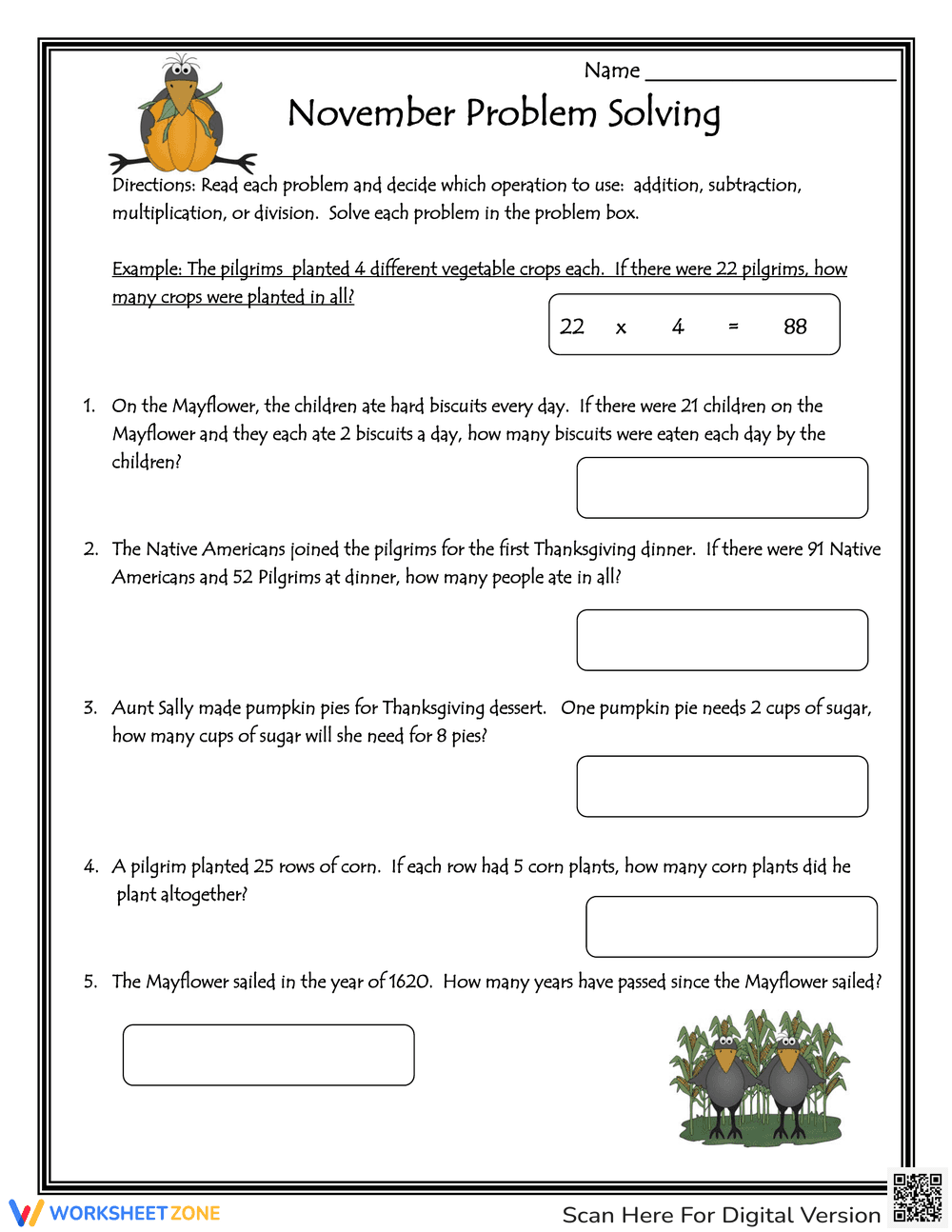 Thanksgiving Fun Problem Solving Worksheet - Page 1