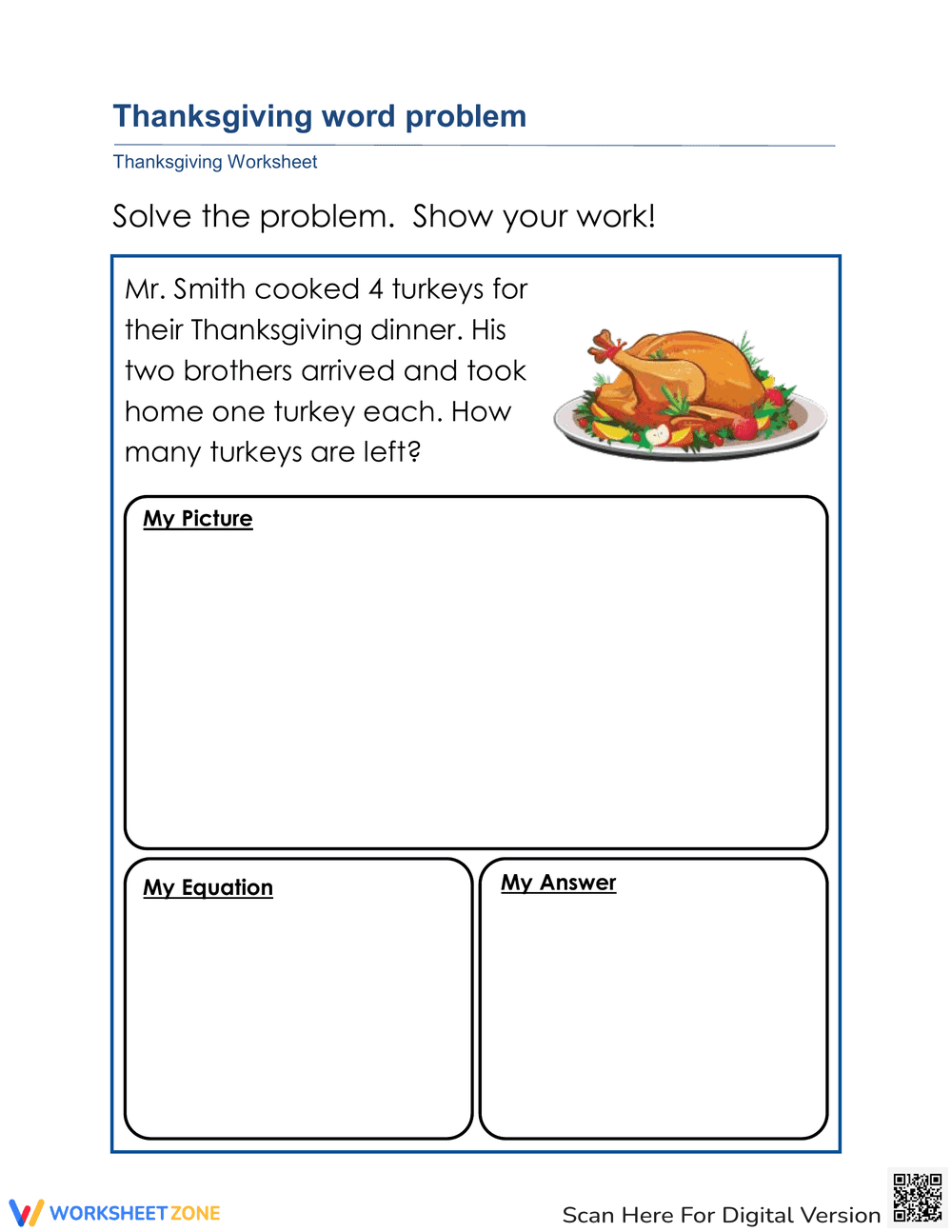 Solve Thanksgiving Word Problems Worksheet - Page 1