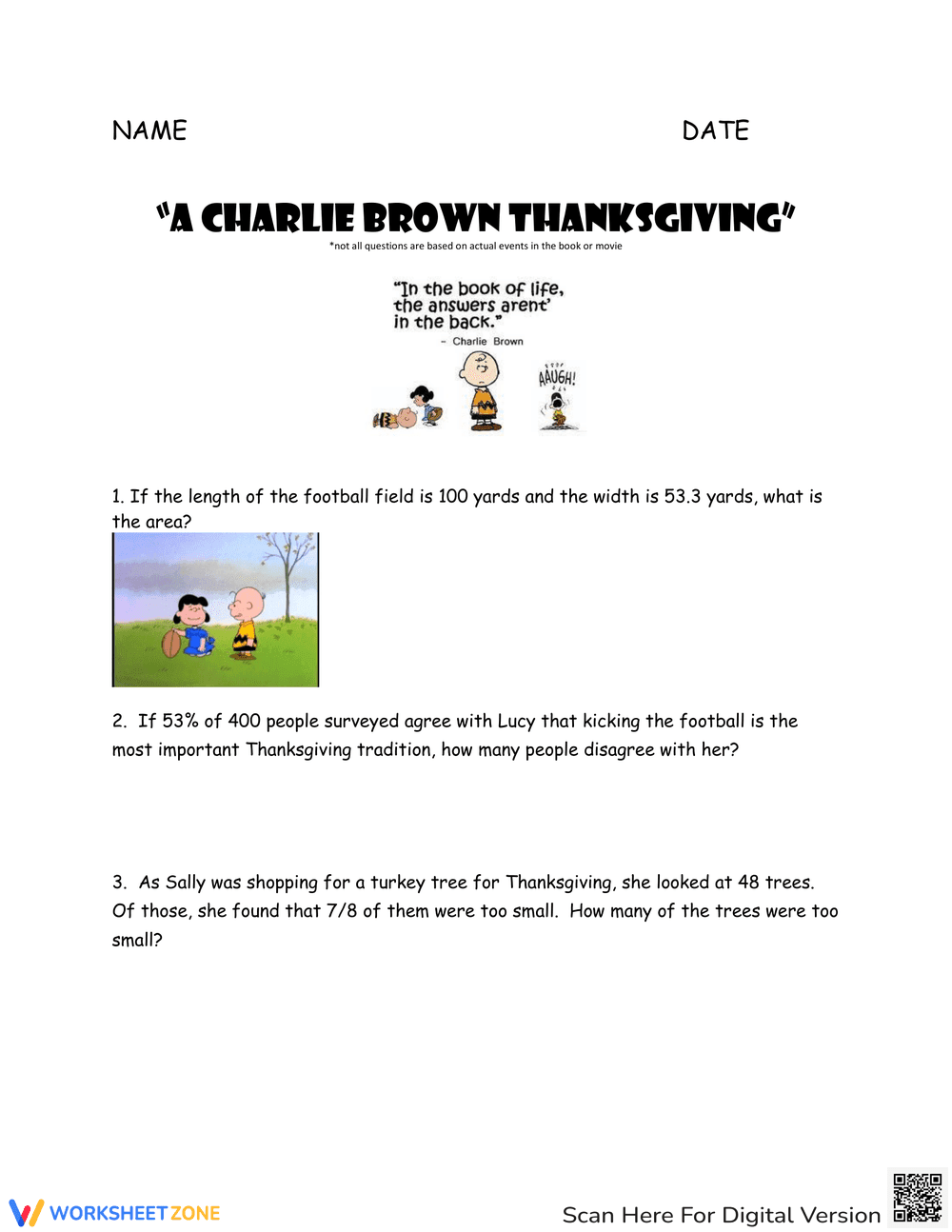 Charlie Brown Thanksgiving Math Worksheet - Page 1