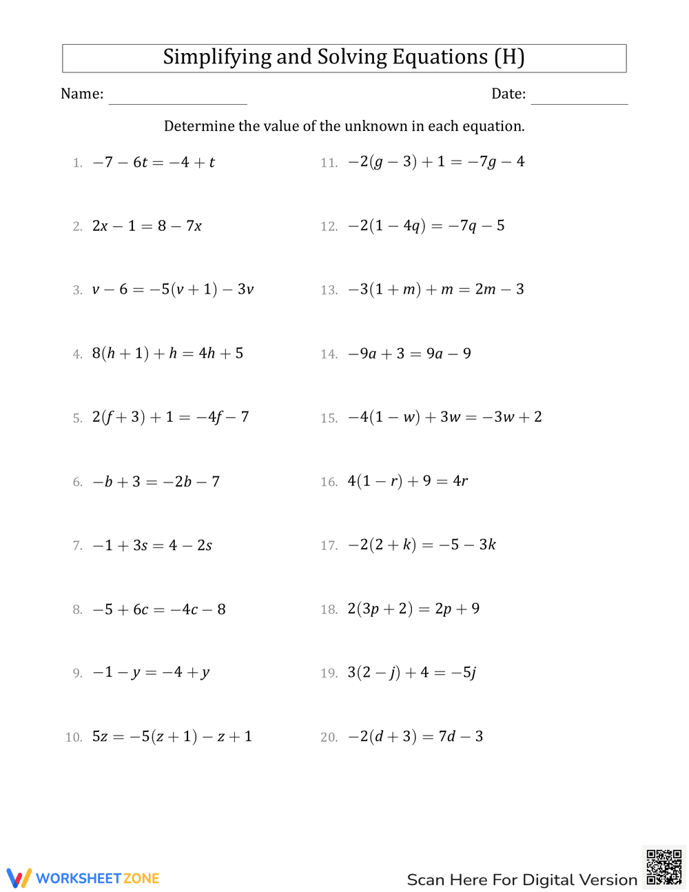 Solving Equations Practice Worksheet - Page 1