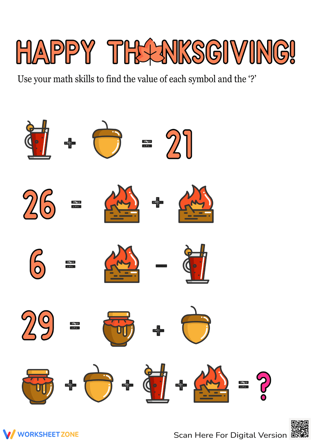 Happy Thanksgiving Algebra Skills Worksheet - Page 1