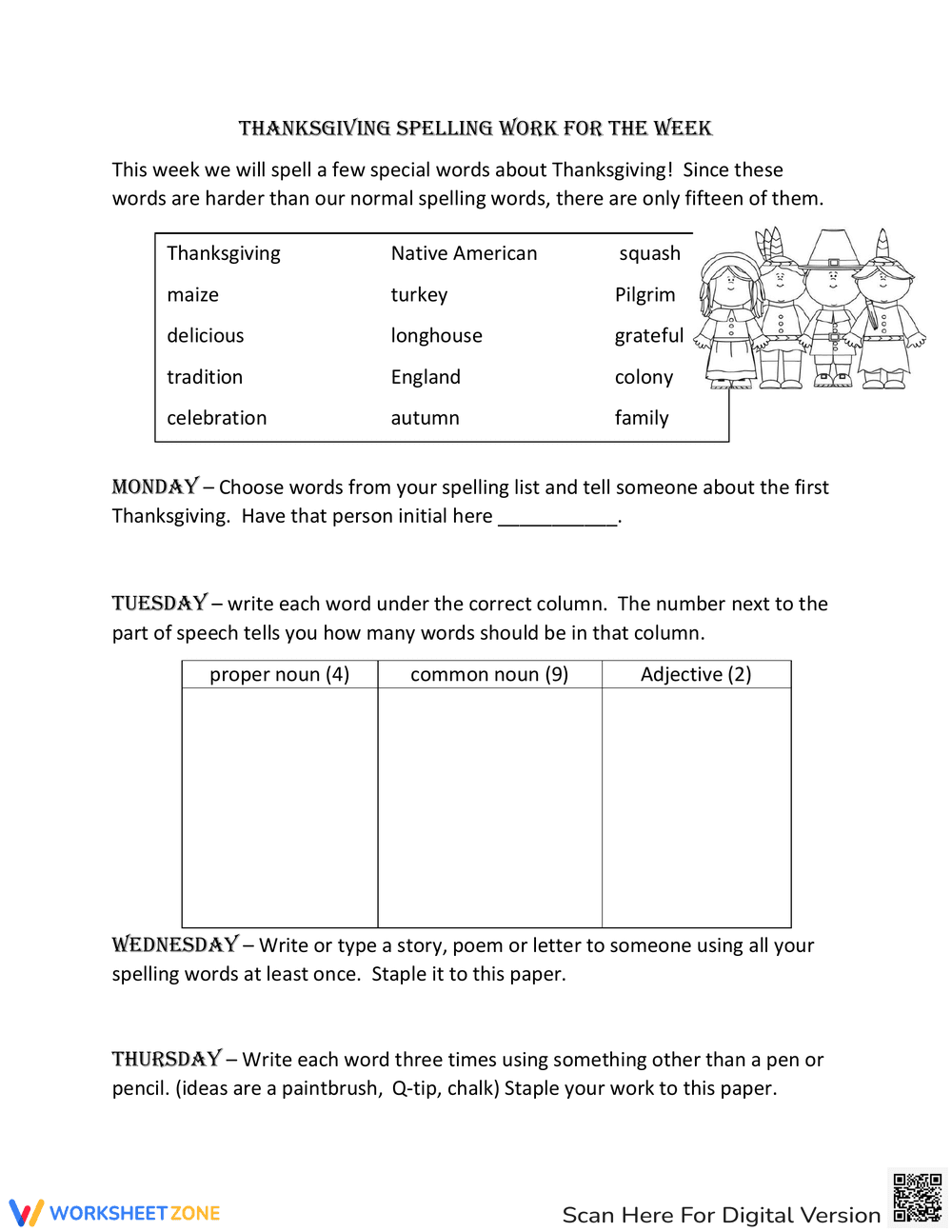 Thanksgiving Spelling Worksheet | Grade 3-6 Essential - Page 1