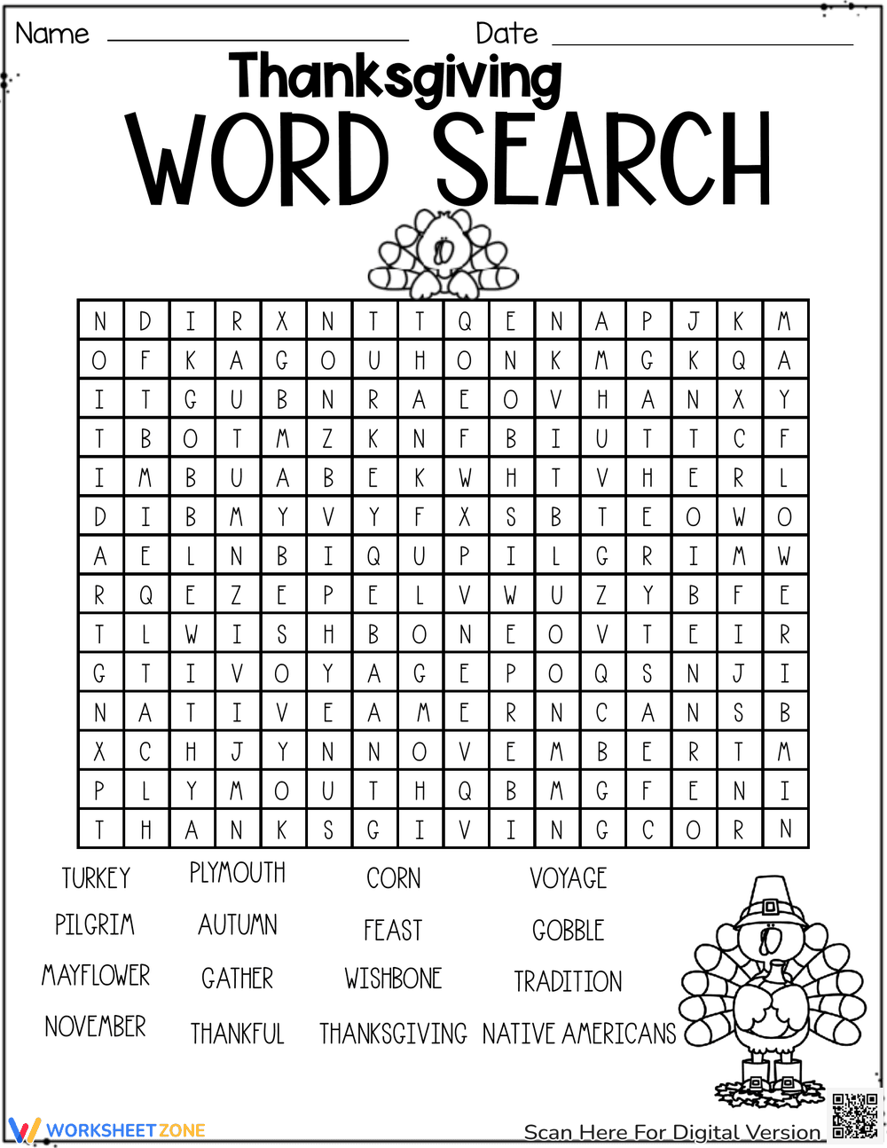 Grade 3 Thanksgiving Word Search — Printable Worksheet - Page 1