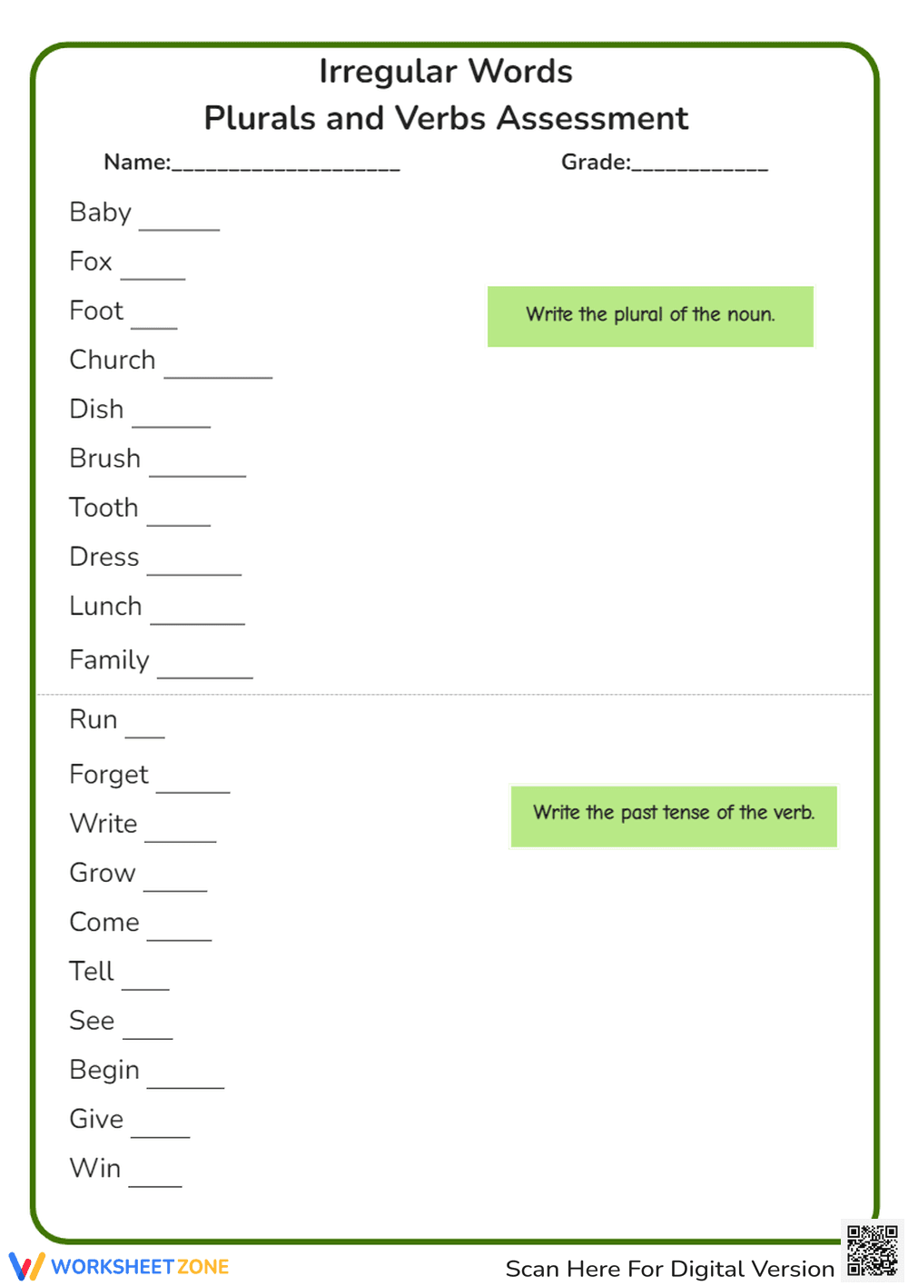 Irregular Plurals & Verb Tenses Worksheet - Grammar Practice Fun - Page 1