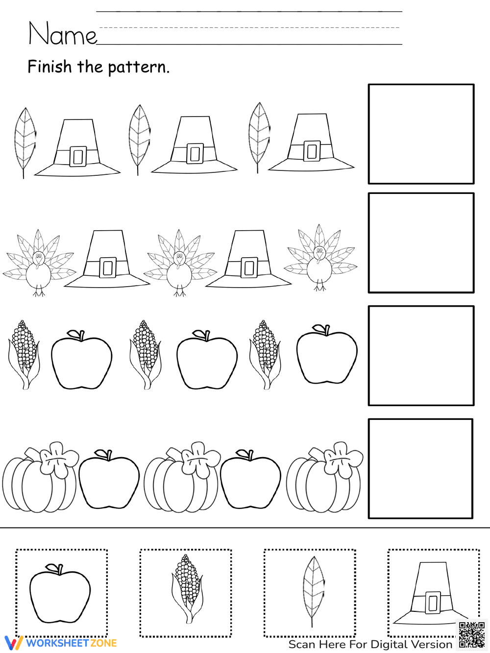 Grade K-2 Thanksgiving Patterns: Printable No-Prep Worksheet - Page 1