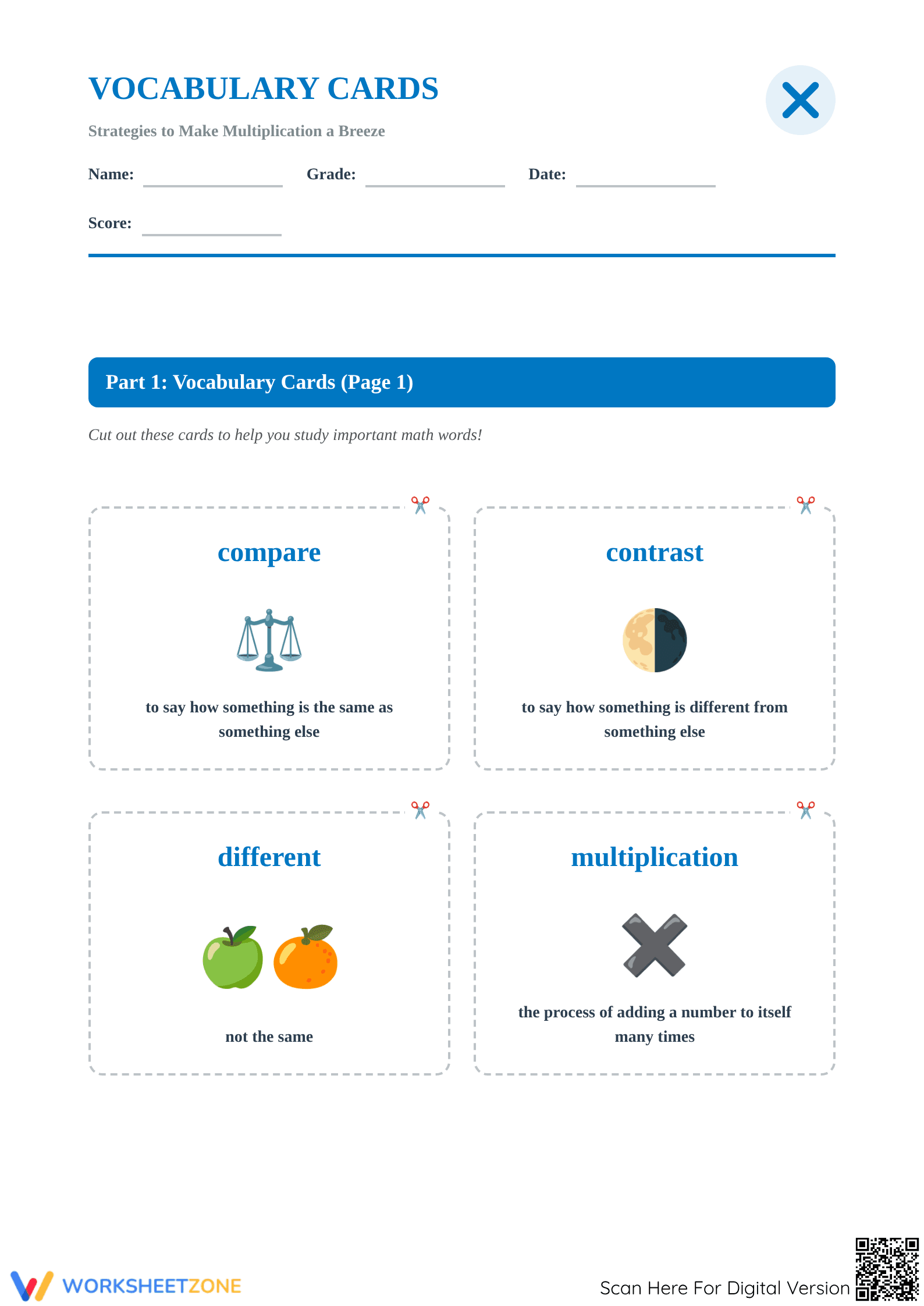 Grade 3 Multiplication Vocabulary - Printable Worksheet - Page 1