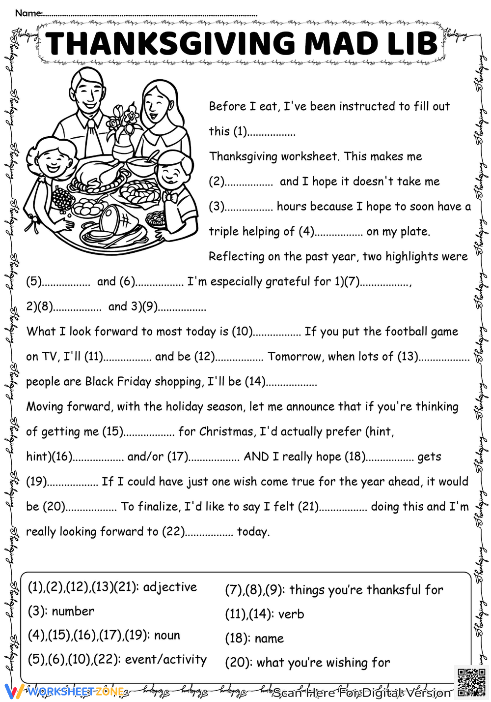 Thanksgiving Mad Libs: Festive Fill-In-The-Blank Worksheet - Page 1