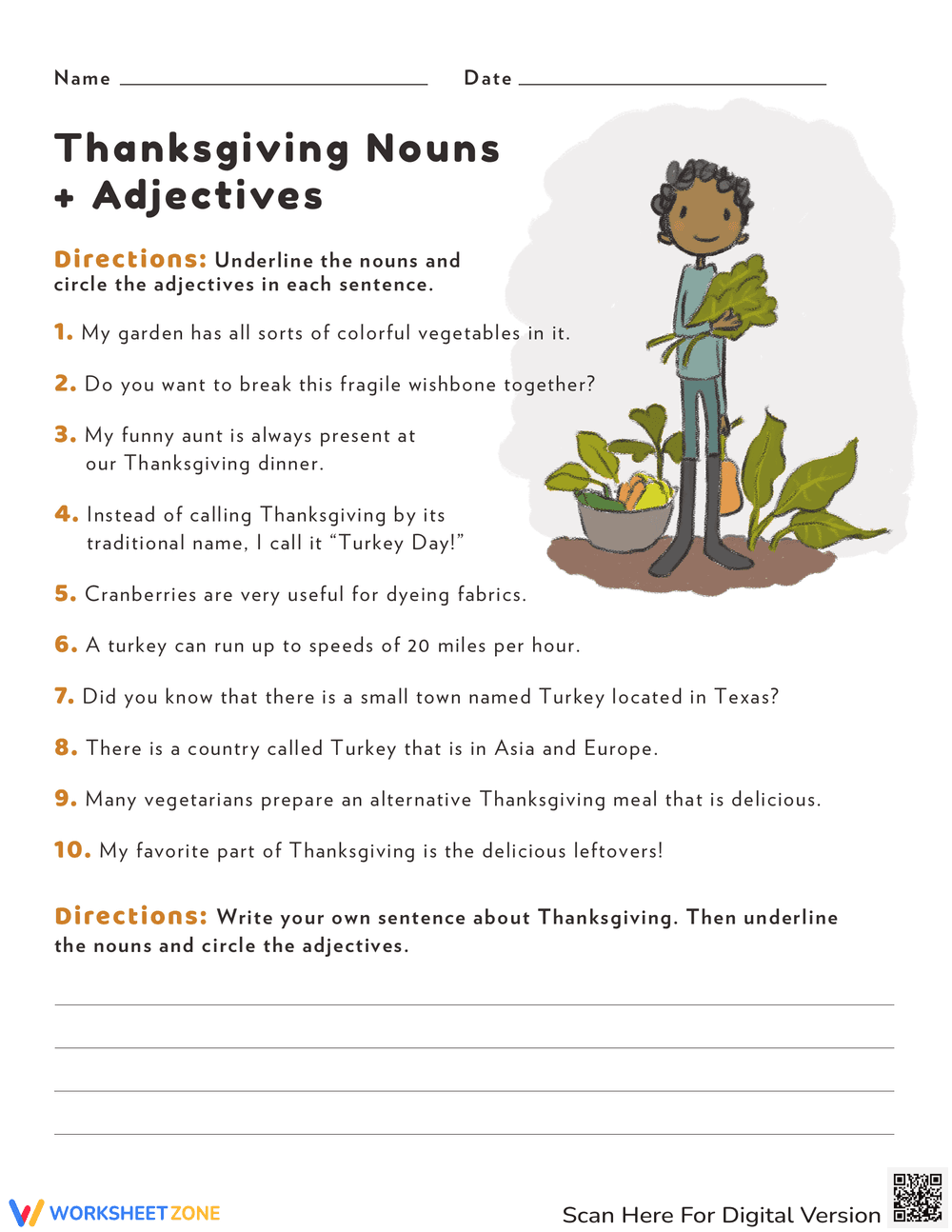 Thanksgiving Nouns and Adjectives Worksheet: Festive Grammar Fun - Page 1