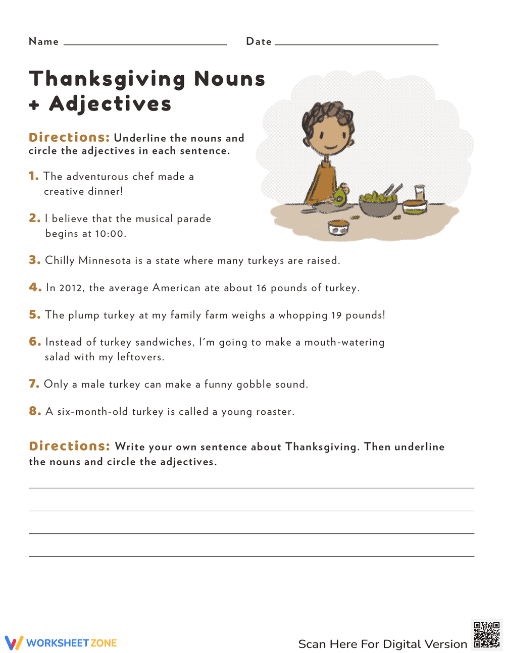 Thanksgiving Nouns and Adjectives Worksheet: Grammar Practice - Page 1