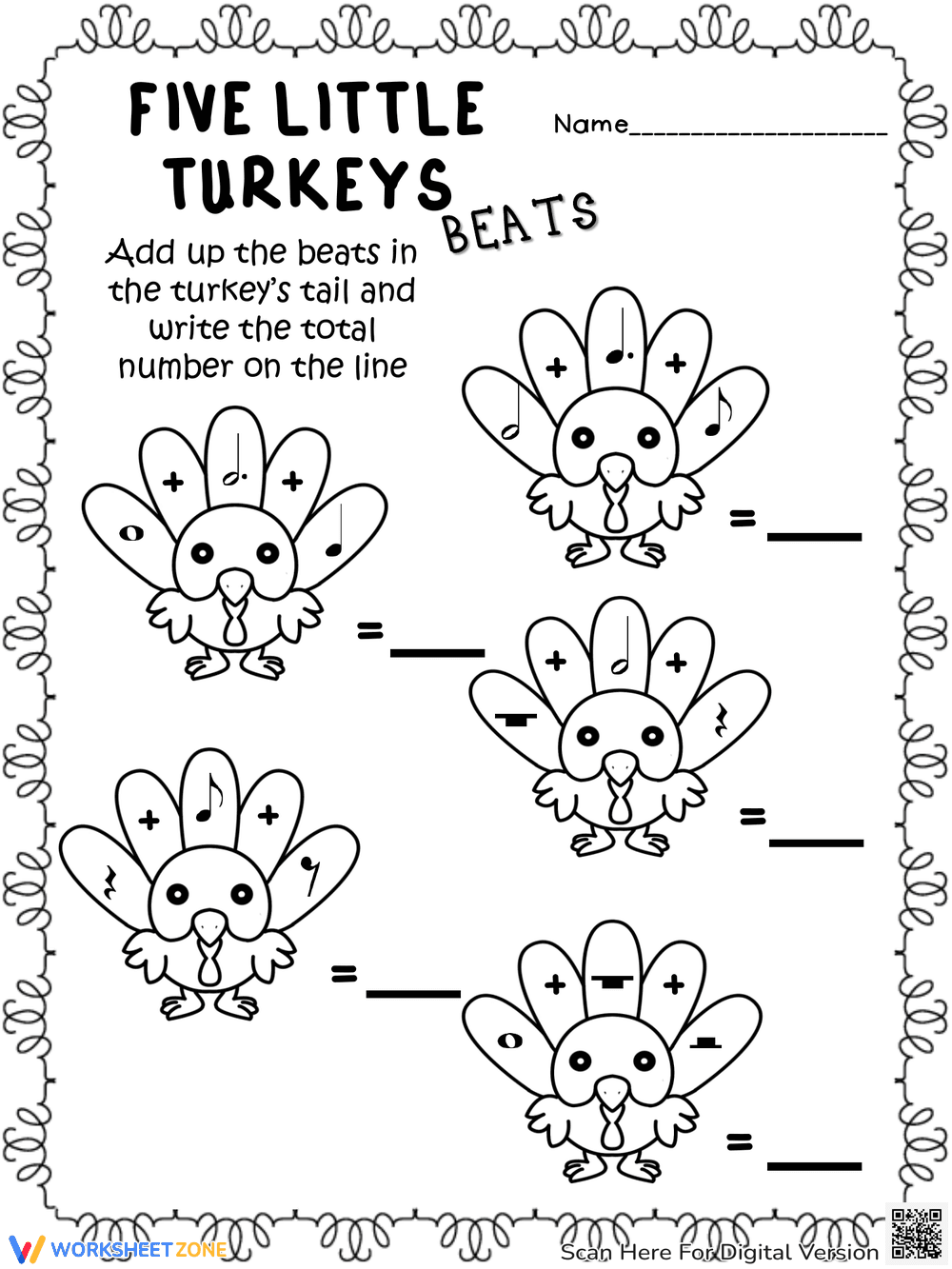 Five Little Turkeys Beats: Thanksgiving Rhythm Worksheet - Page 1