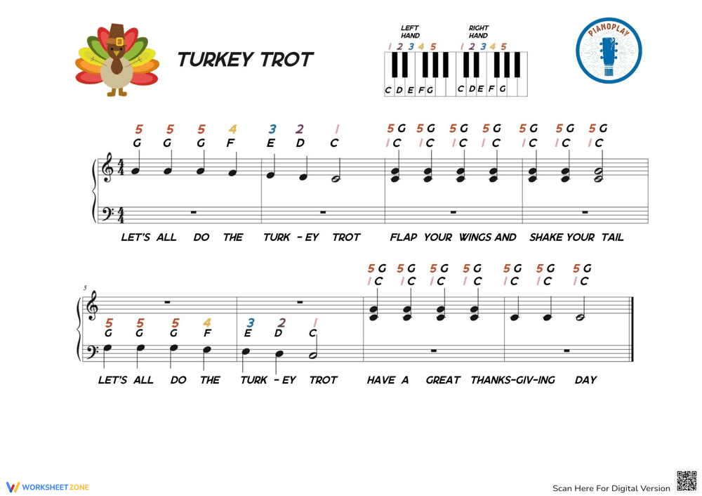 Turkey Trot Thanksgiving Song: Grand Staff Music Worksheet - Page 1