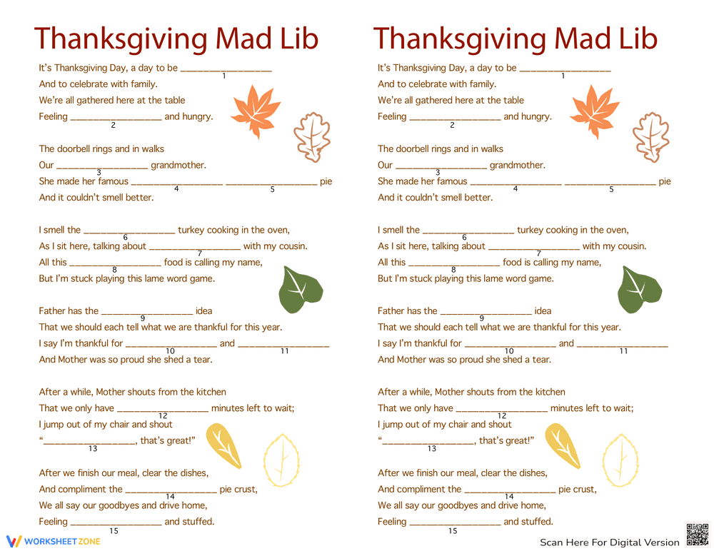 Thanksgiving Mad Libs Worksheet: Festive Language Activity - Page 1