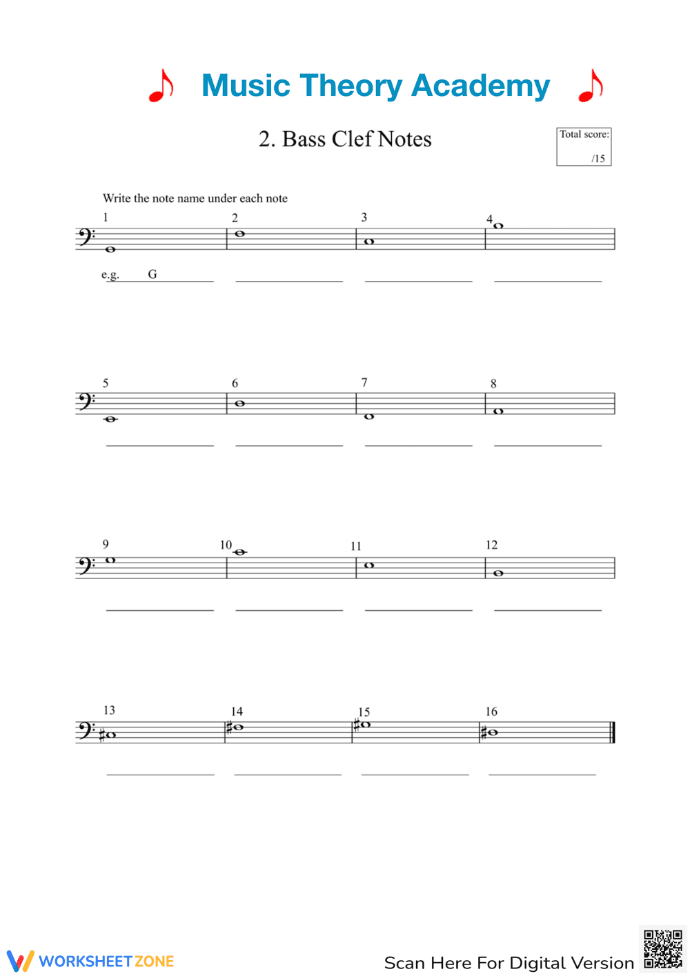 Bass Clef Notes Worksheet | Grade 6-9 Essential - Page 1