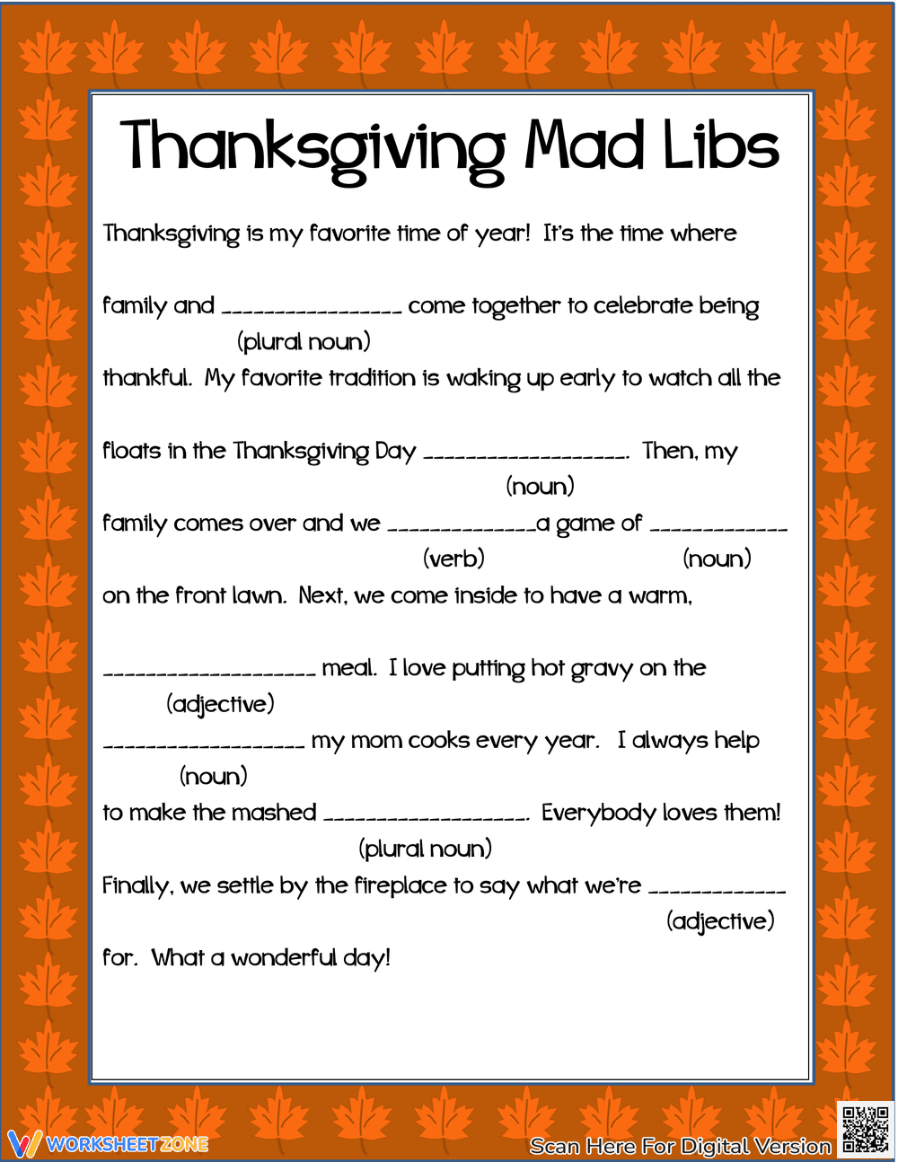 Thanksgiving Mad Libs Worksheet: Holiday Language Arts - Page 1
