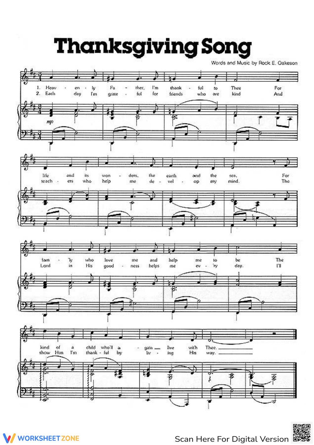 Sing Along with a Thanksgiving Song Worksheet - Page 1