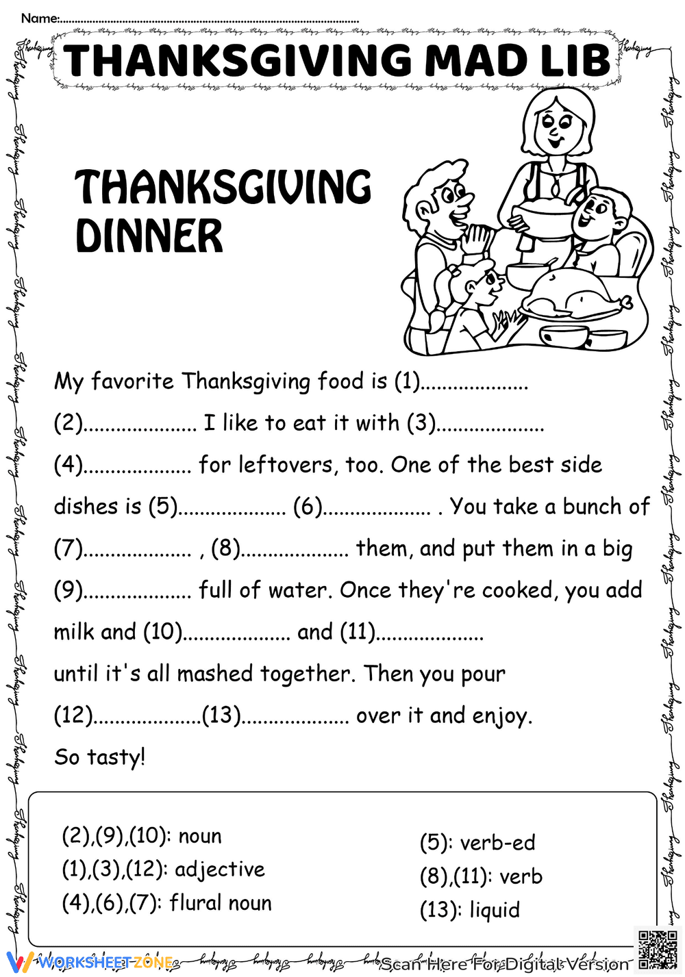 Thanksgiving Mad Libs Thanksgiving Dinner - Page 1