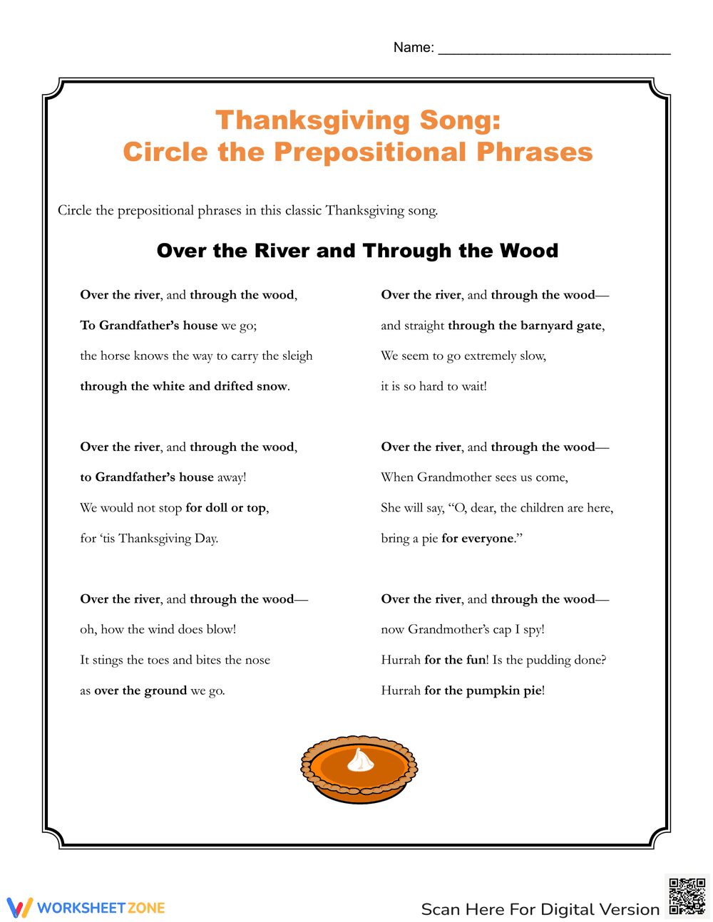 Thanksgiving Song Circle the Prepositional Phrases - Page 1