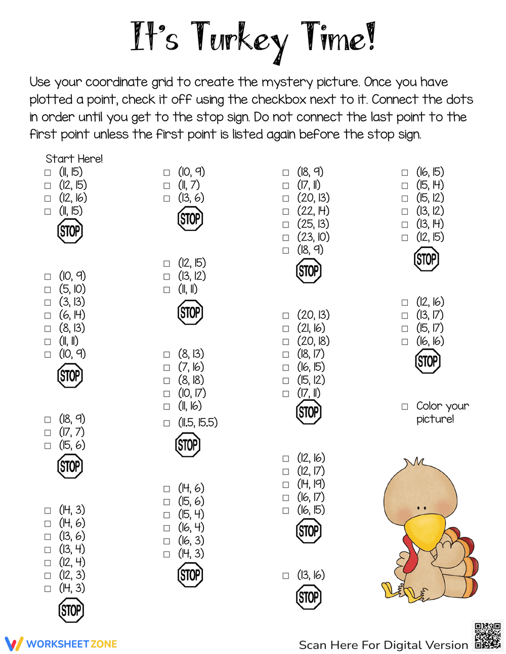 Turkey Coordinate Graph Worksheet - Page 1