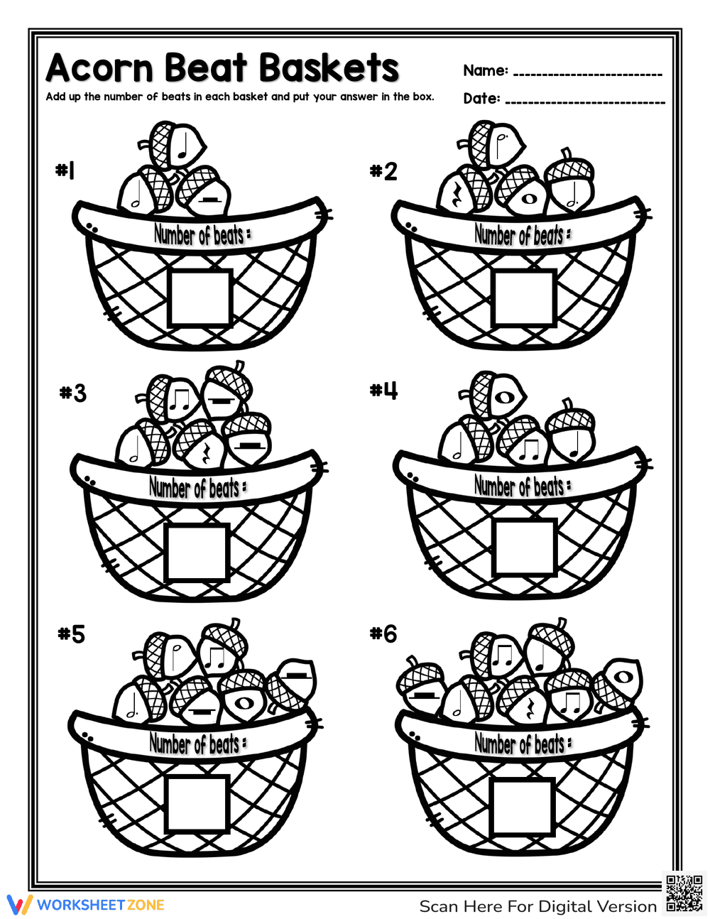 Grade 3-6 Acorn Beat Baskets — Printable No-Prep Worksheet - Page 1