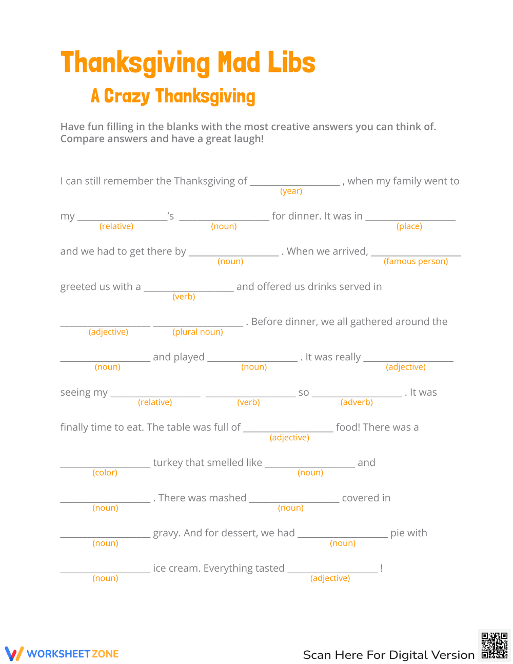 Crazy Thanksgiving Mad Libs Activity - Page 1