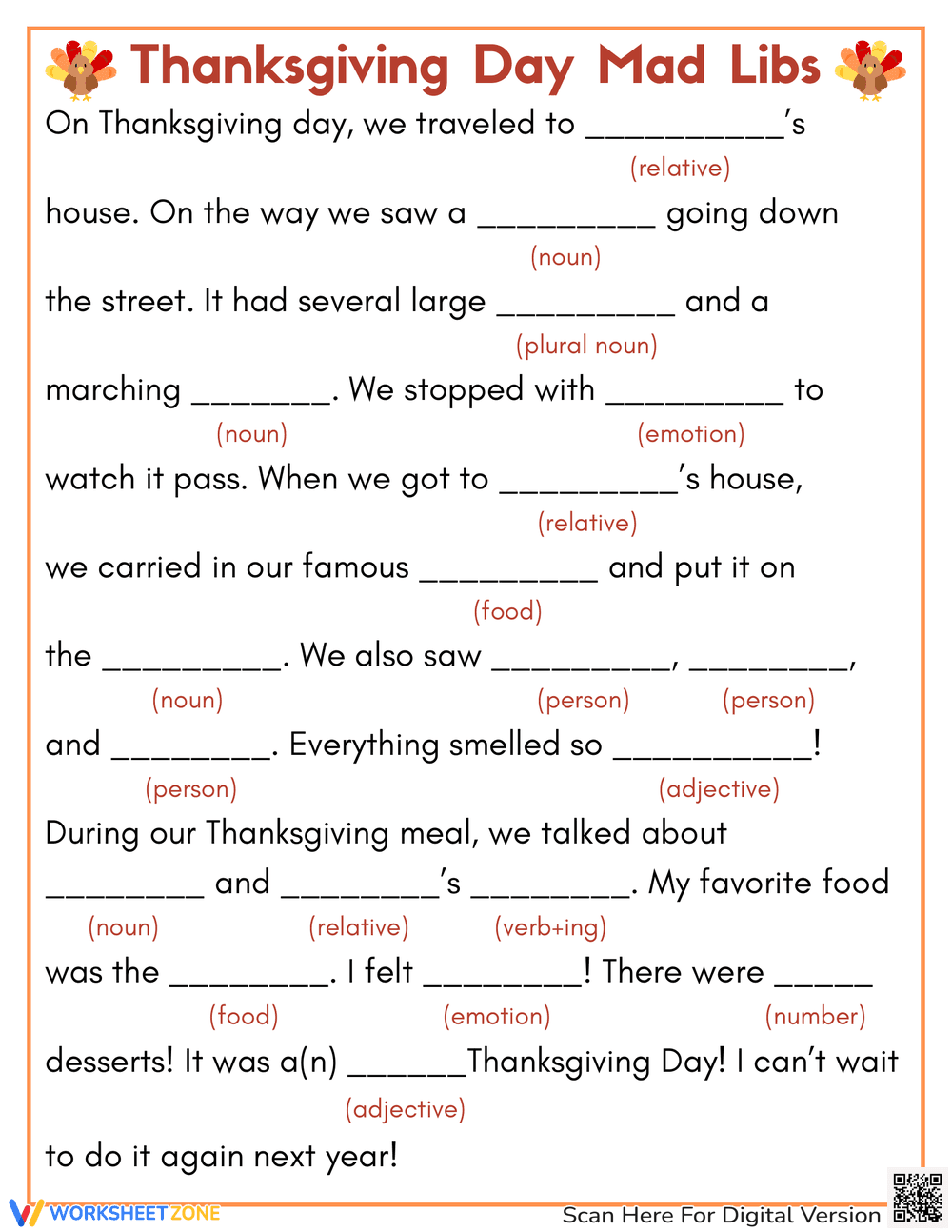 Thanksgiving Day Mad Libs Worksheet - Page 1