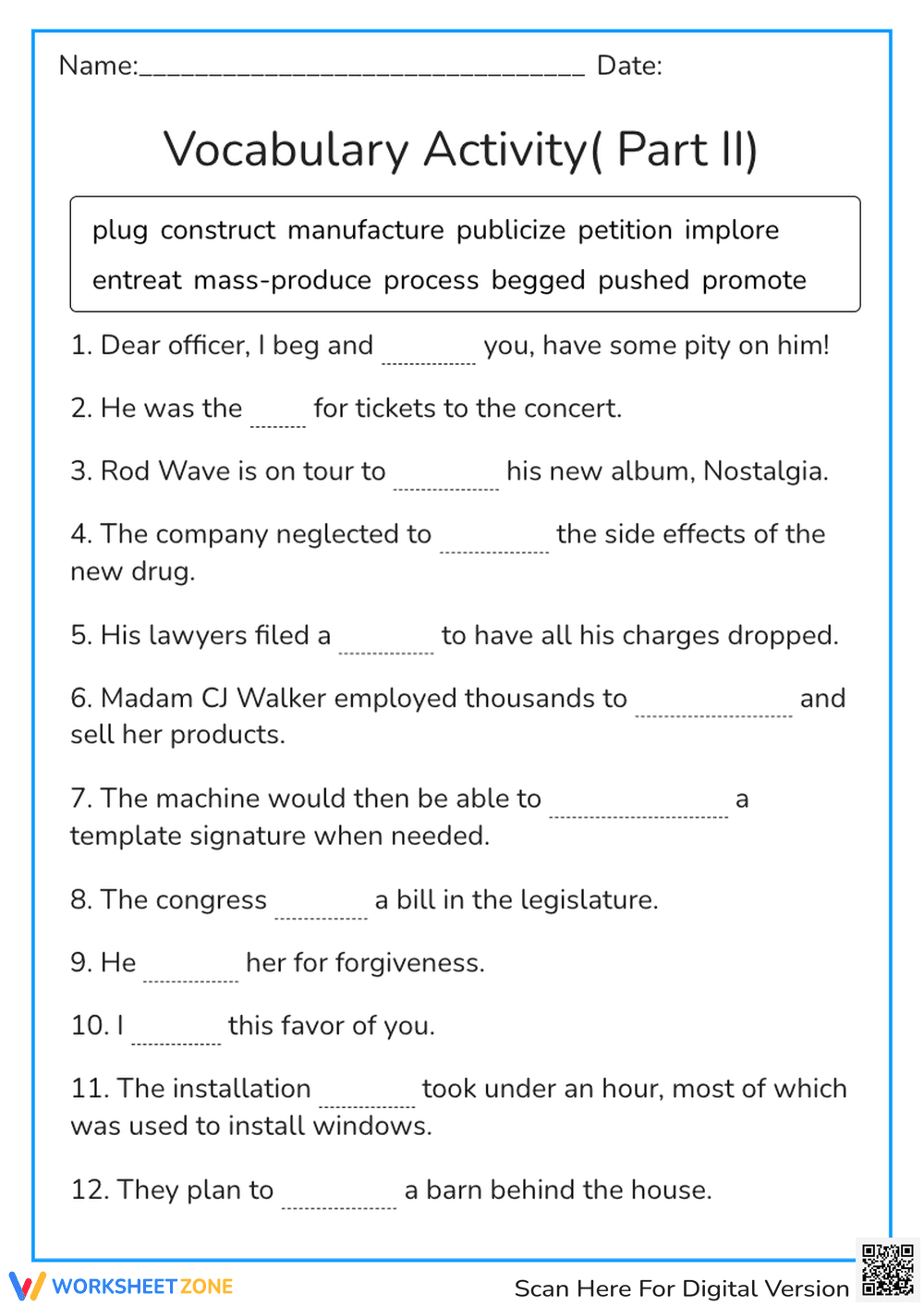 Grade 12 Vocabulary Activity — Essential Printable - Page 1