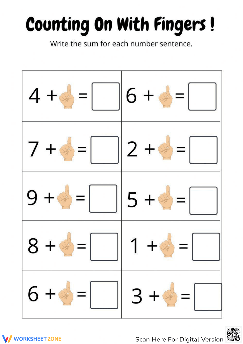 Count and Add with Numbers and Fingers - Page 1