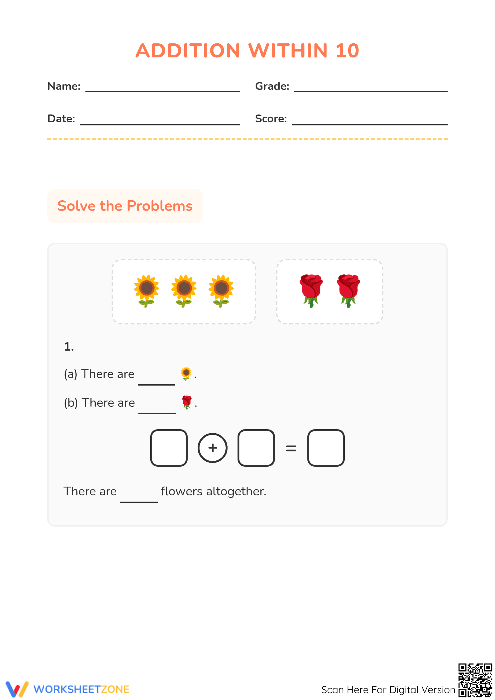 Printable Addition Within 10 Worksheet | Grade 1 Math - Page 1