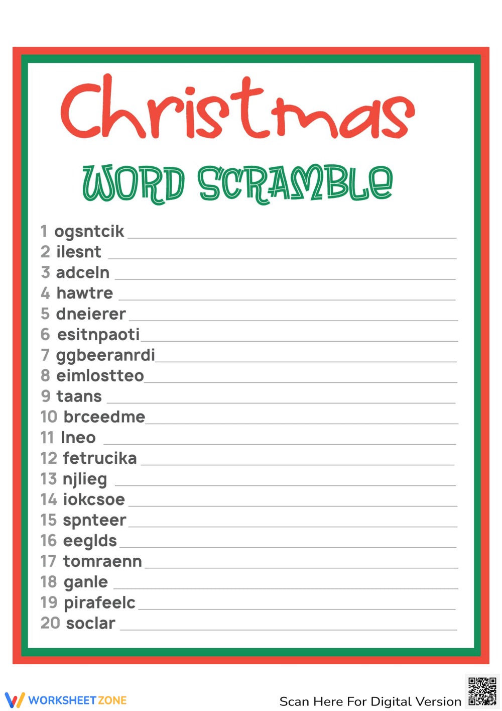 Engaging Christmas Word Scramble Puzzle Worksheet - Page 1