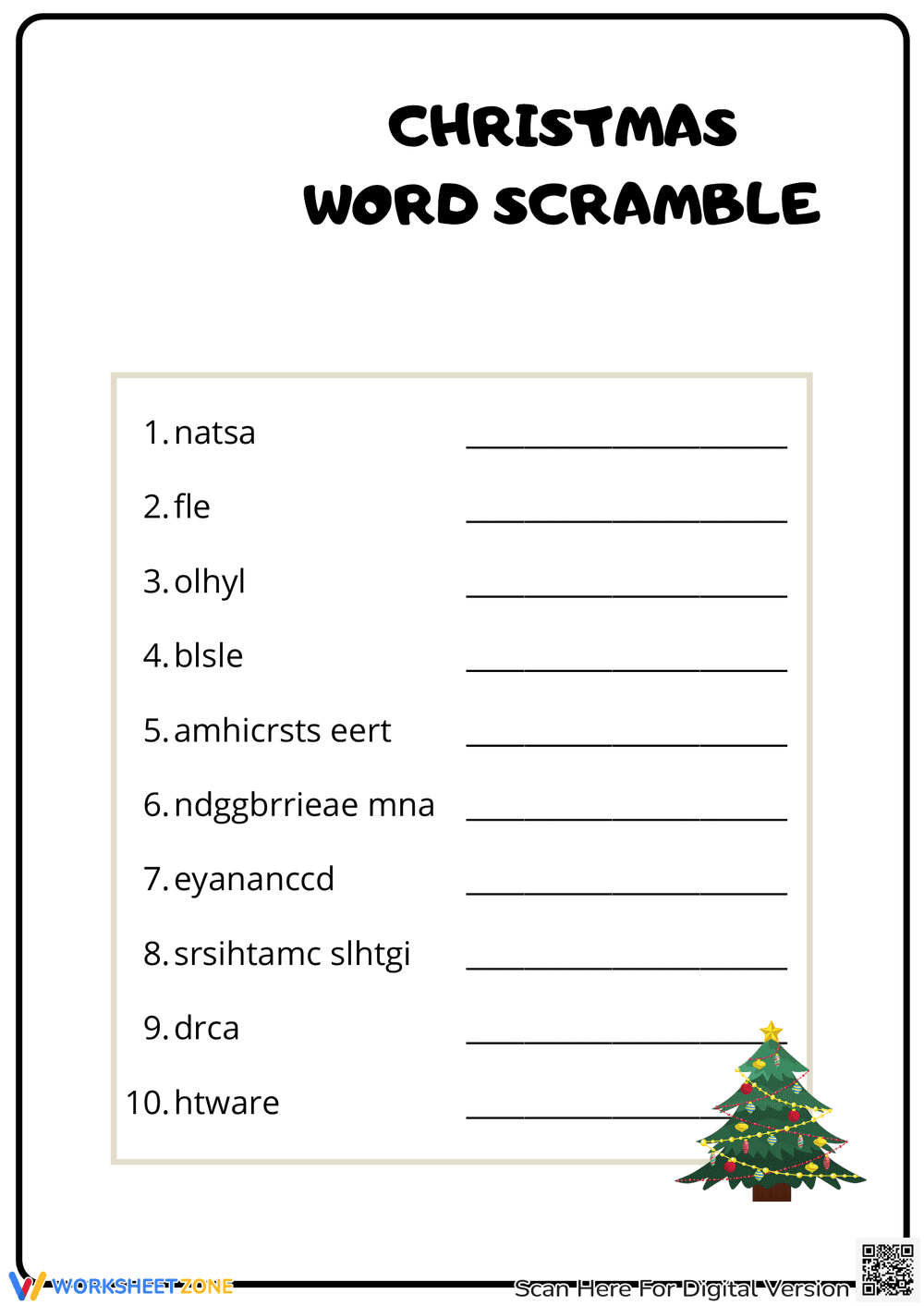 Christmas Word Scramble Puzzle Fun Worksheet - Page 1