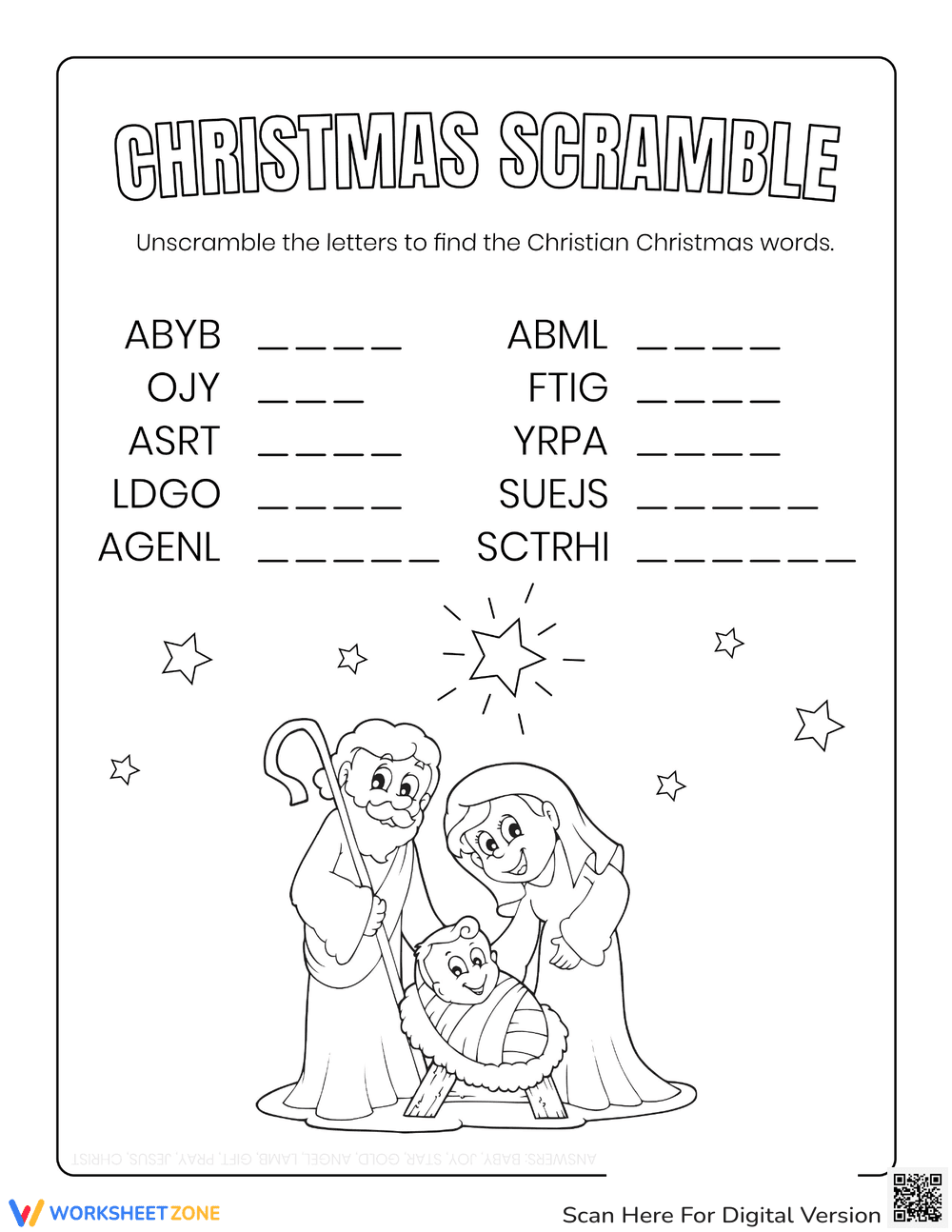 Easy Christmas Word Scramble Worksheet - Page 1