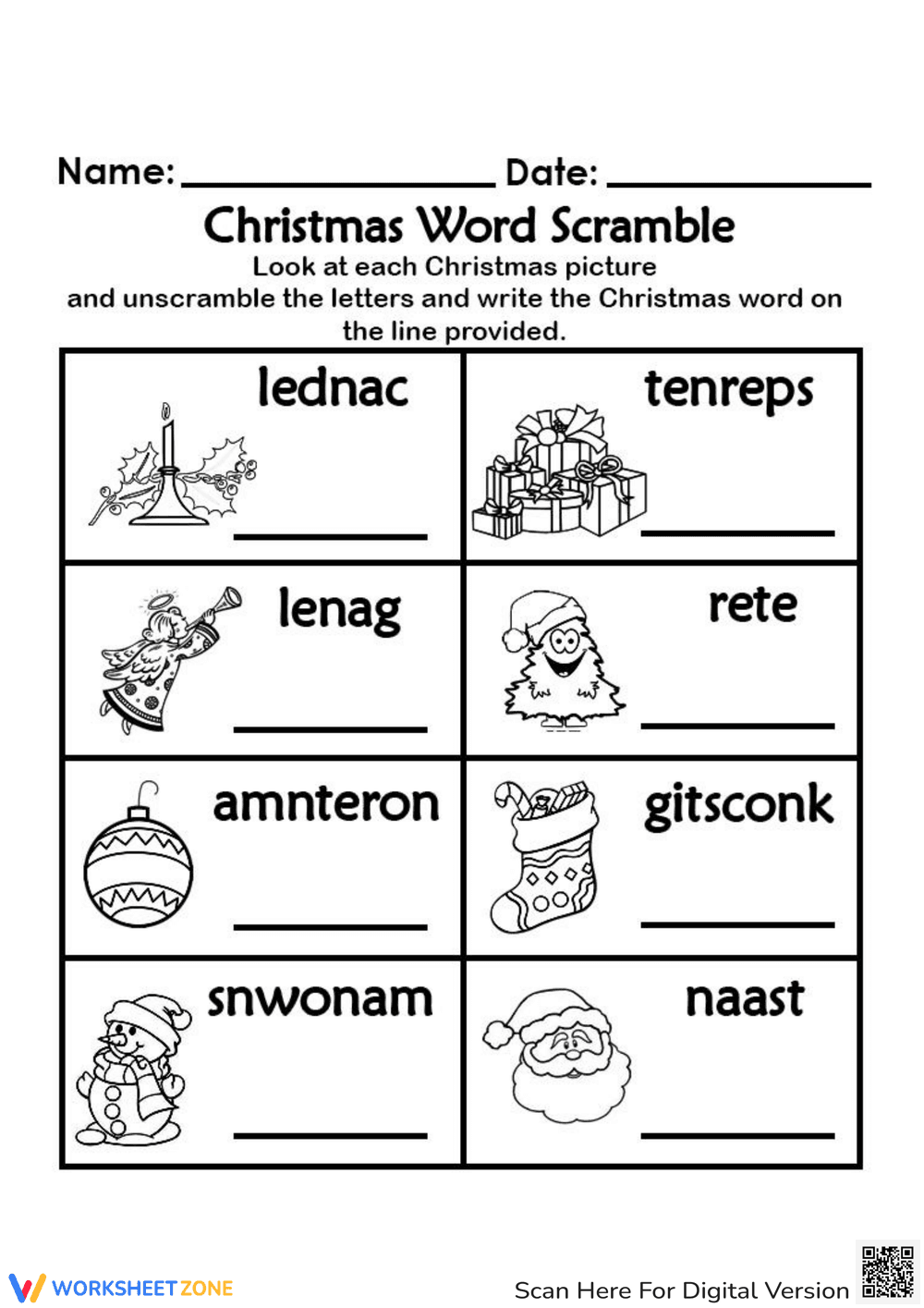 Holiday Christmas Word Scramble Worksheet - Page 1
