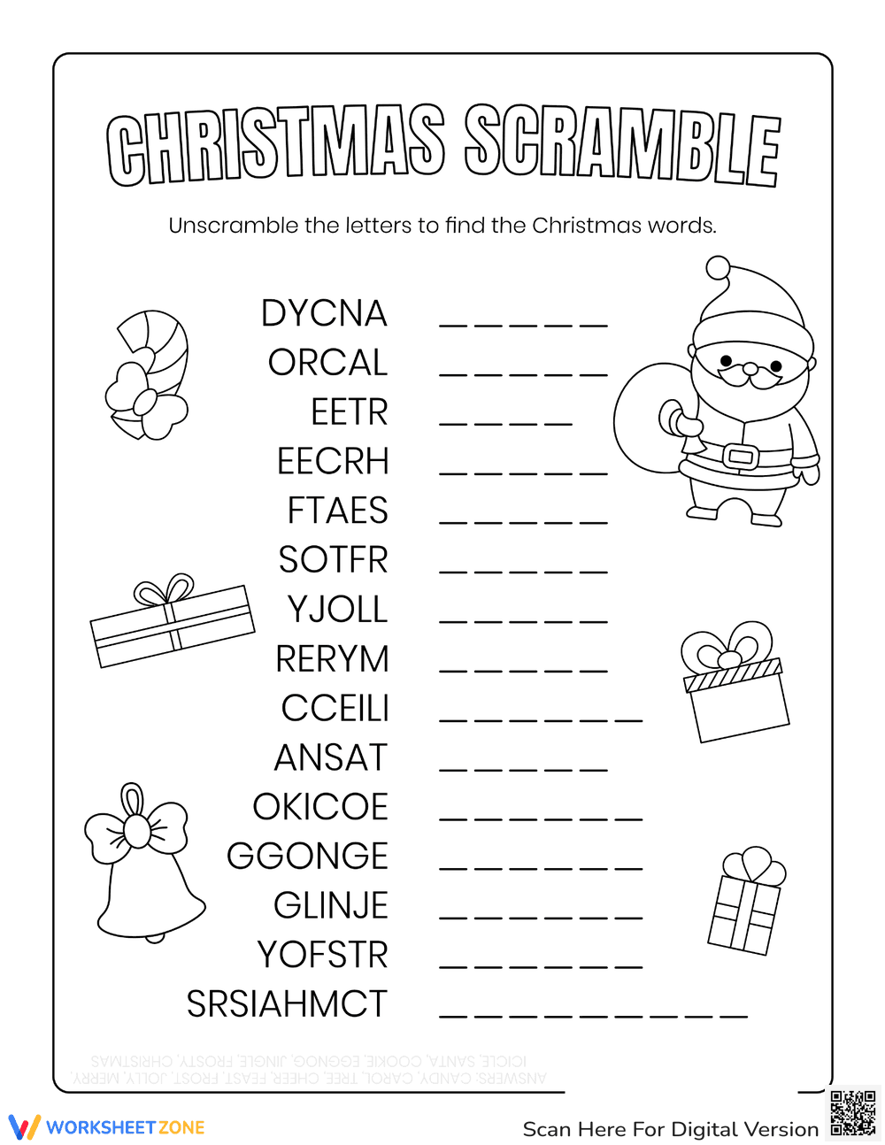 Medium Christmas Word Scramble Worksheet - Page 1