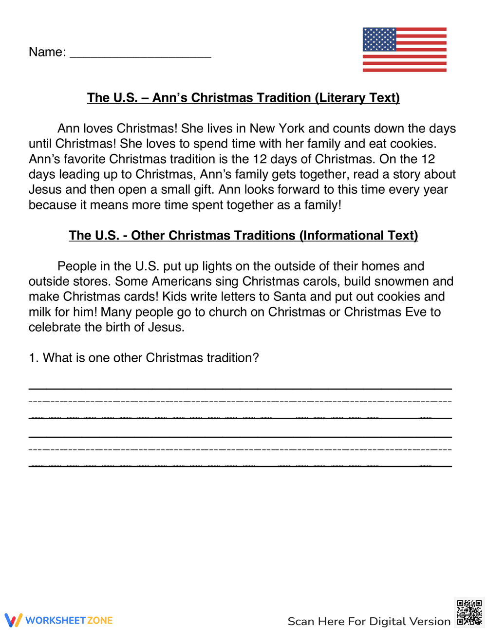 US Christmas Traditions Worksheet - Page 1