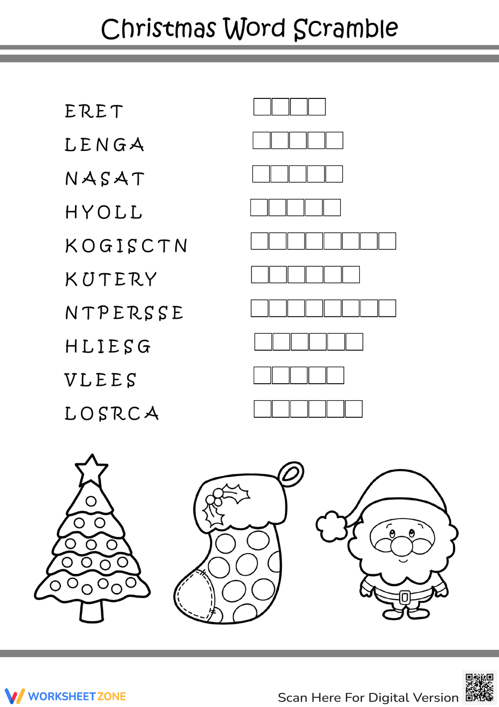Christmas Word Scramble — Printable Grade 2-5 Worksheet - Page 1
