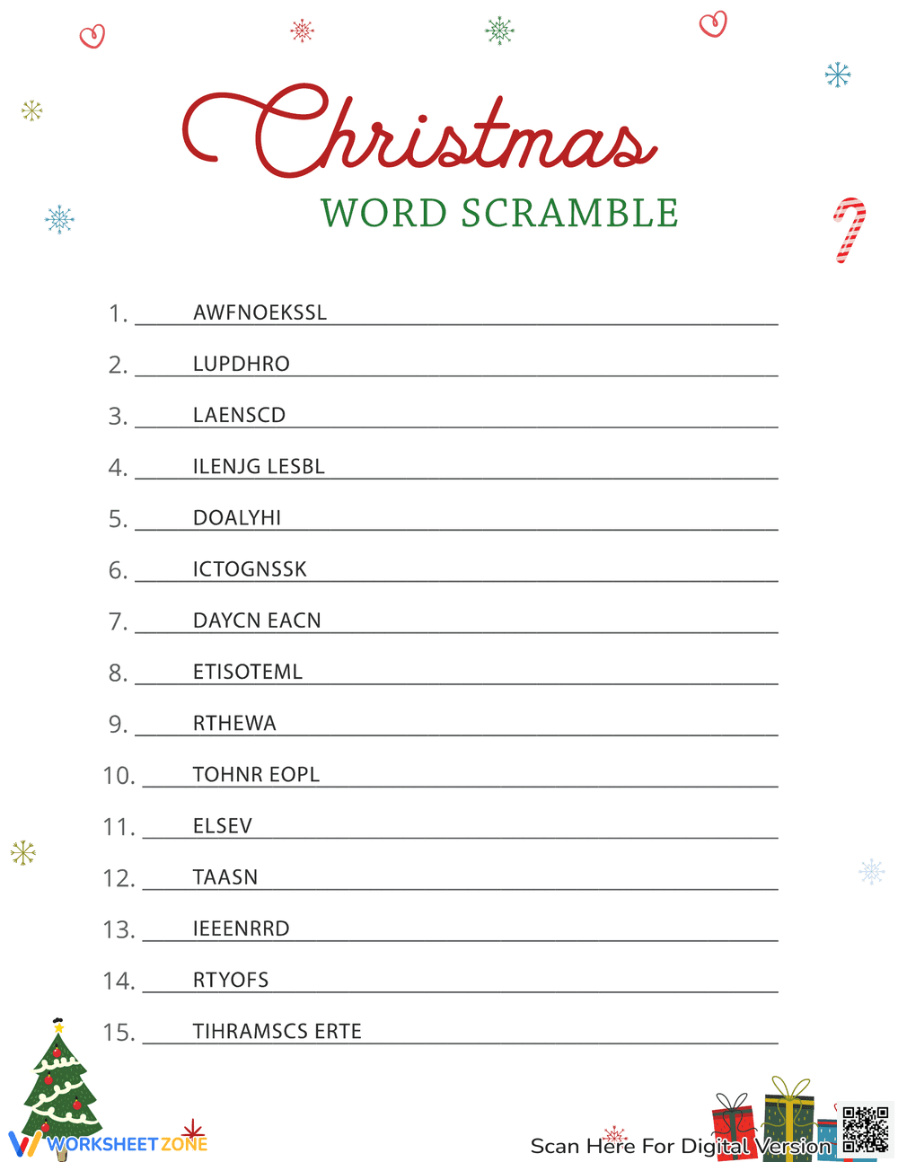 Challenging Christmas Word Scramble Worksheet - Page 1
