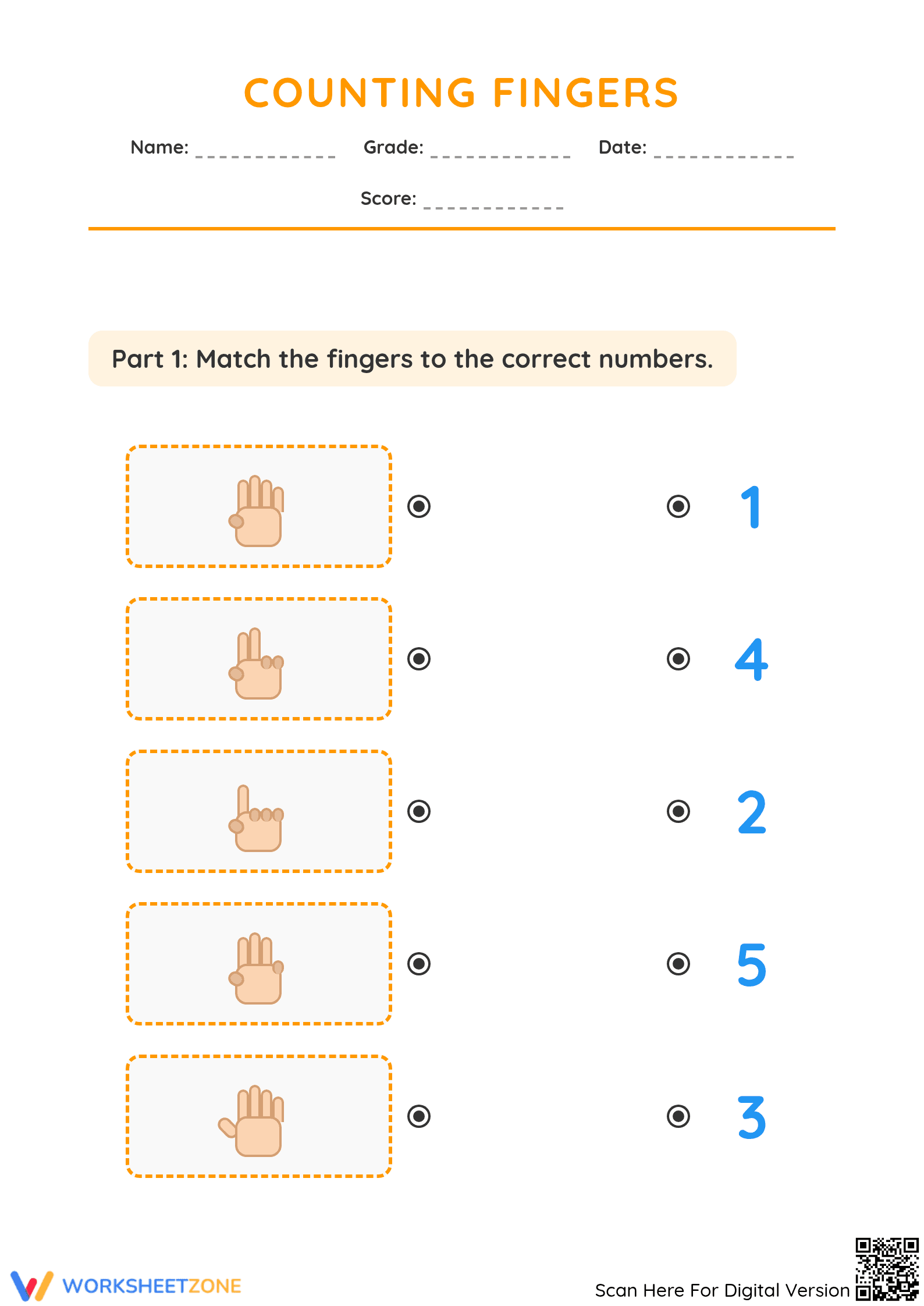 Printable Counting Fingers Worksheet | Grade K-1 Aligned - Page 1