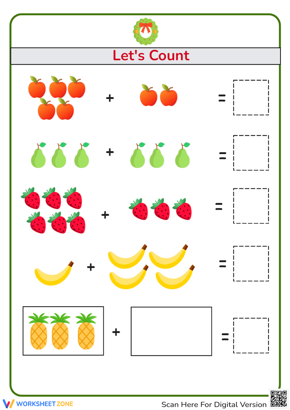 Fruit Counting and Addition Worksheet for Kids - Page 1