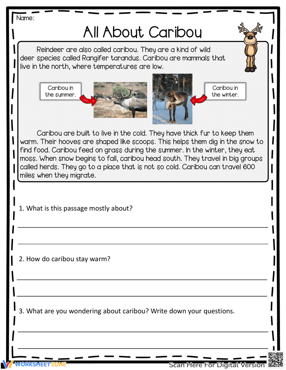Caribou Christmas Nonfiction Passage Worksheet - Page 1