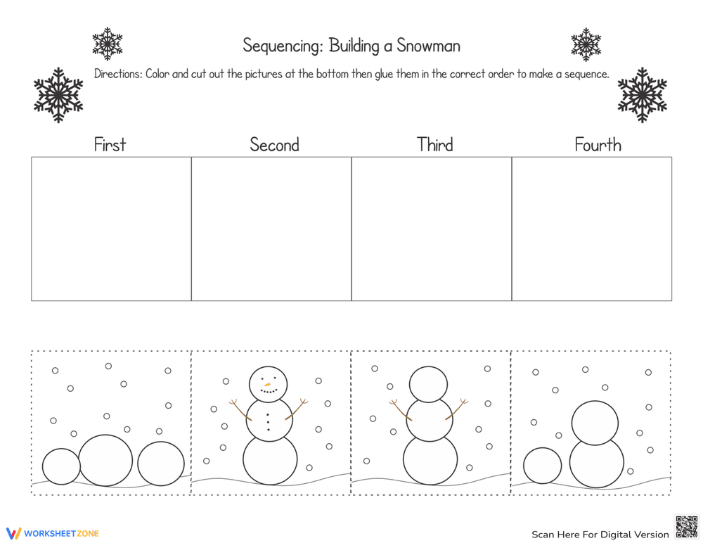 Sequencing Snowman Worksheet | Grade K-2 Ready - Page 1