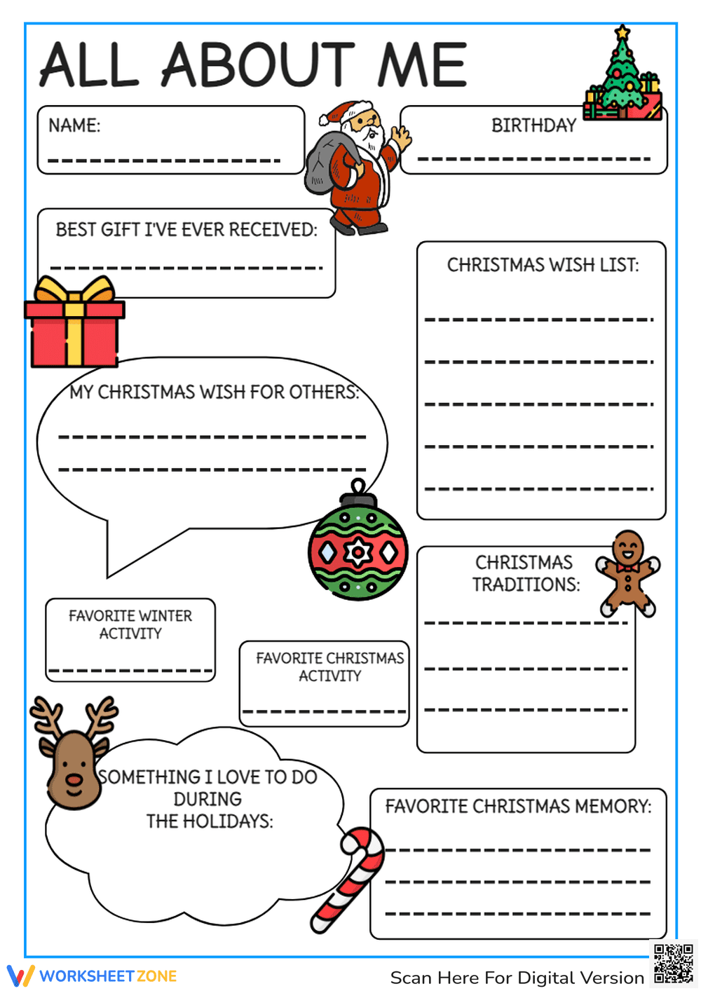 Christmas 'All About Me' Worksheet - Holiday Fun Printable - Page 1