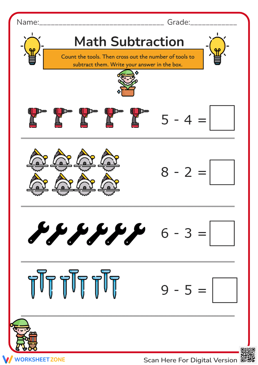 Construction Zone Subtraction - Math Tools Worksheet for Kids - Page 1
