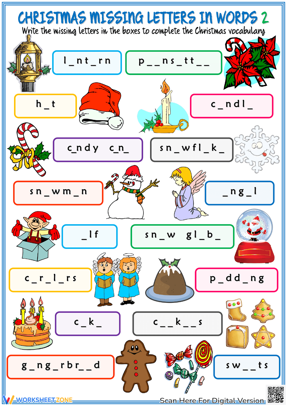 Christmas Missing Letters in Words Puzzle - Page 1