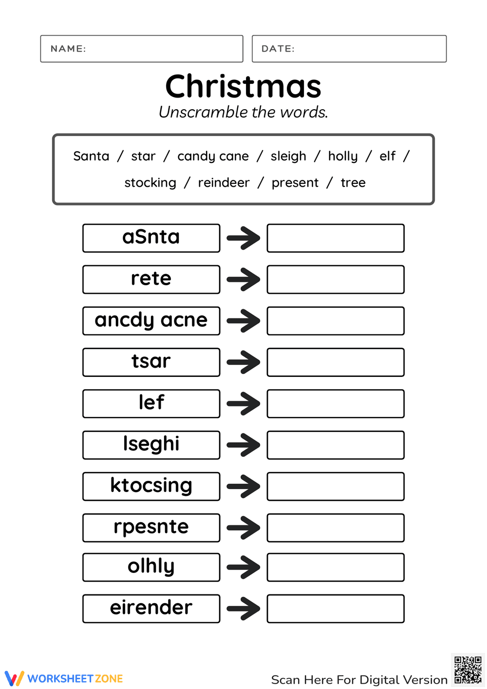 Christmas Word Unscramble | Grade 1 Printable Worksheet - Page 1