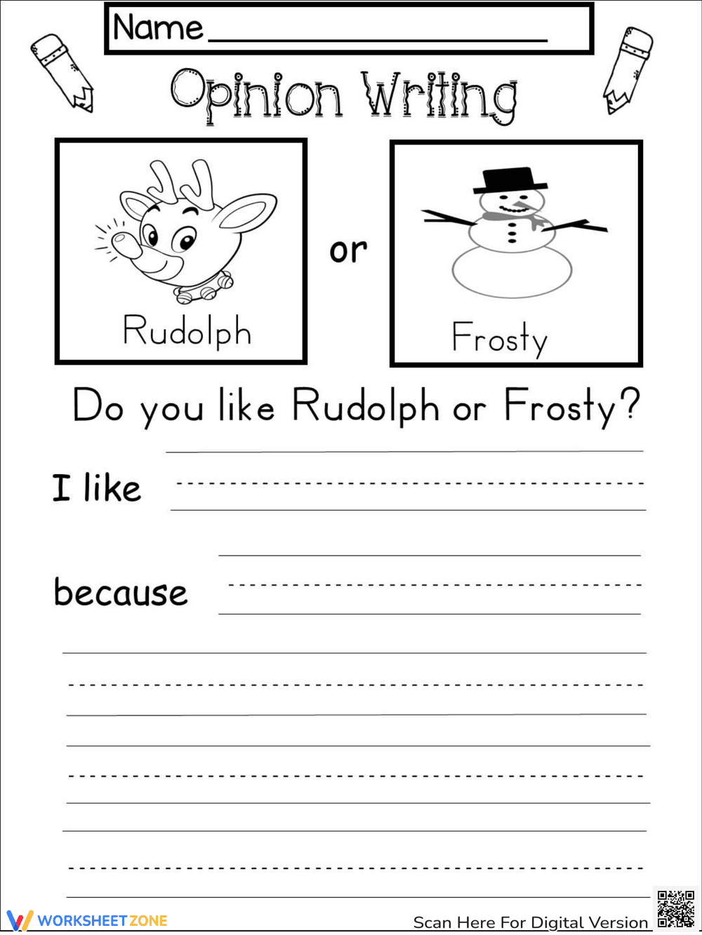 Opinion Writing Worksheet: Rudolph or Frosty | Essential - Page 1