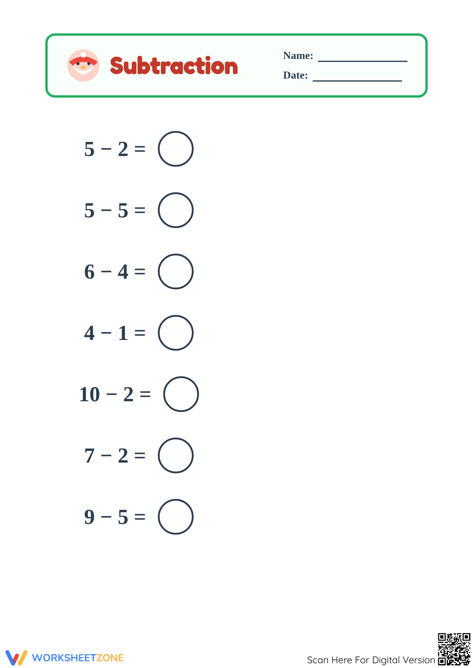 Printable Holiday Subtraction Within 10 Worksheet | Grade 1 - Page 1