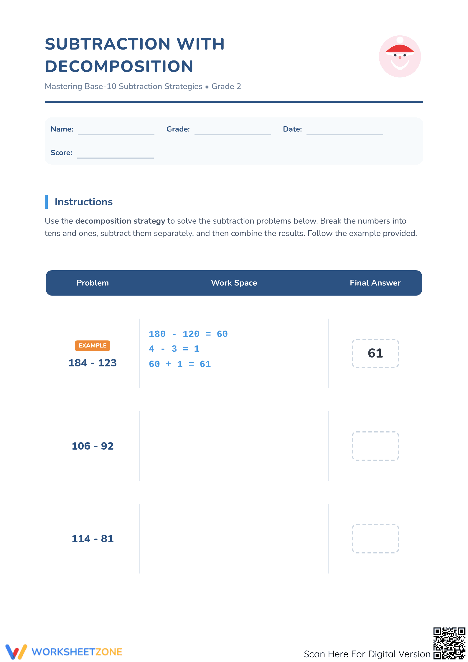 Printable Decomposition Subtraction Worksheet | Grade 2 Math - Page 1