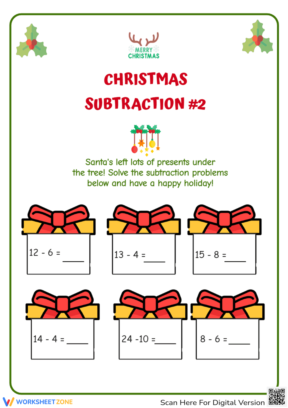 Christmas Subtraction Worksheet #2 - Holiday Math Fun! - Page 1