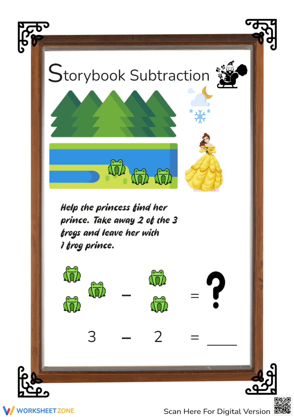 Princess Frog Subtraction - Math Story Worksheet for Kids - Page 1