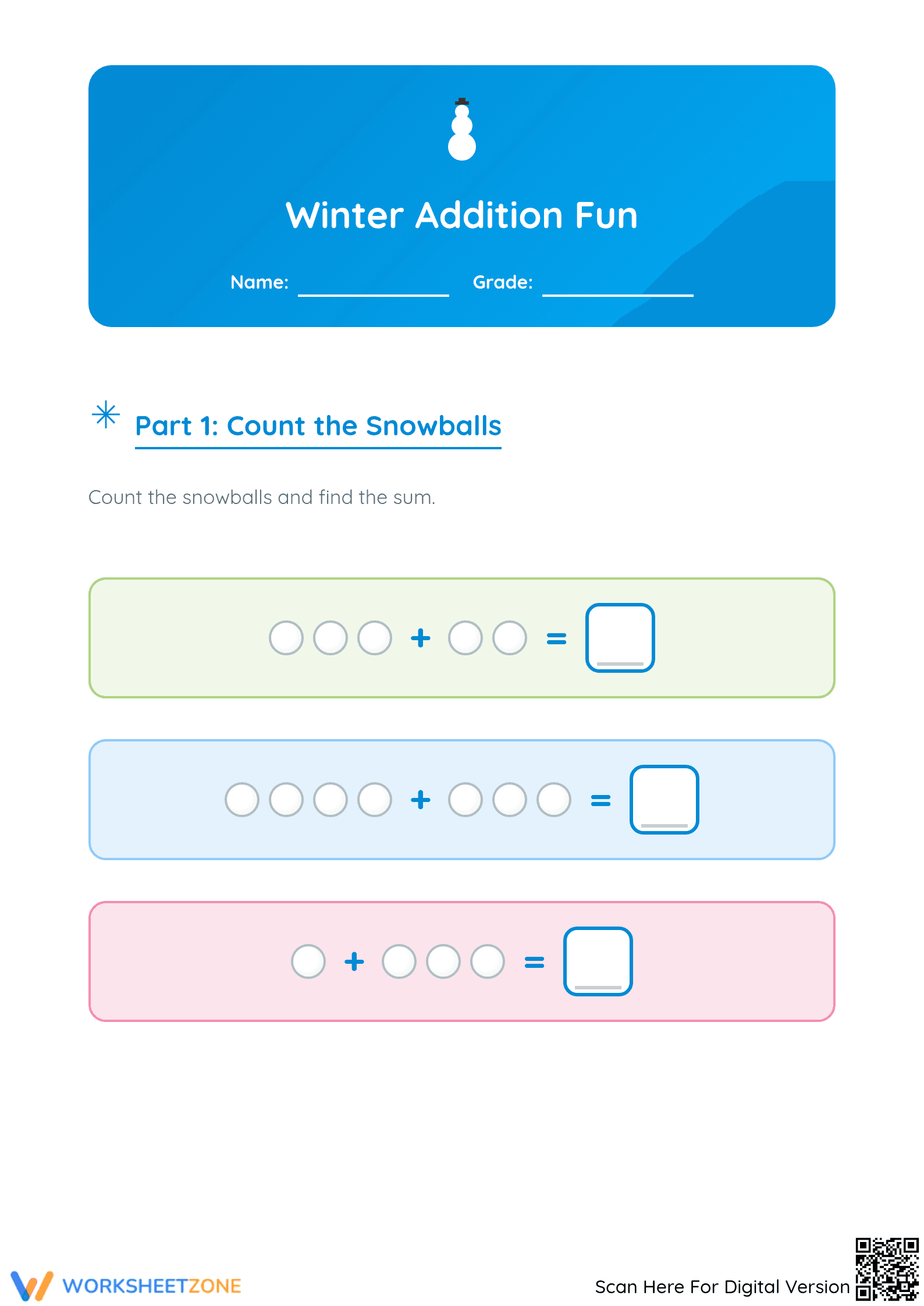 Grade 1 Winter Addition — Printable No-Prep Worksheet - Page 1